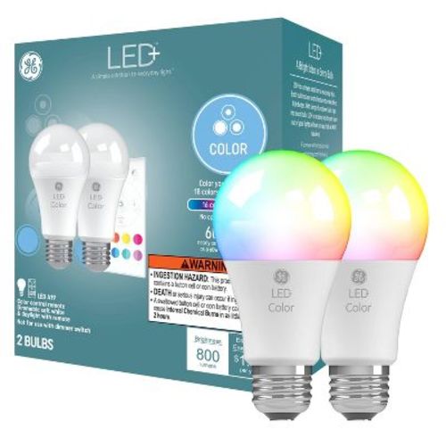 GE 2pk LED+ Color Changing A19 LED Light Bulbs: Multicolored, 60W Equivalent, Standard E26 Base, 800 Lumens, 13.7-Year Life