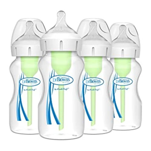 Dr. Brown's Natural Flow Anti-Colic Options+ Wide-Neck Baby Bottles 9 oz/270 mL, with Level 1 Slow Flow Nipple, 4 Count, 0m+