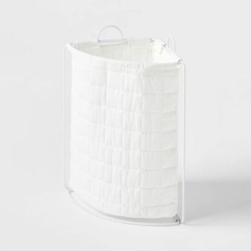 Quilted Collapsible Corner Kids' Hamper White - Pillowfort™: Canvas Laundry Basket, 2500 Volume, 2 Handles, Check Pattern