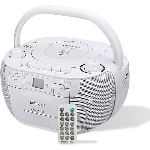 Retekess TR621 CD and Cassette Player Combo, Portable Boombox AM FM Radio, Tape Recording, Stereo Sound, USB, Micro SD, for Family(White)