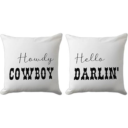 Set of 2 Western Funny Couple Pillow Covers 18x18 Inch - 'Howdy Cowboy' & 'Hello Darlin'' Set of 2, Teen Girls Boys Gifts, Rustic Farmhouse Charm for Various Settings(White)