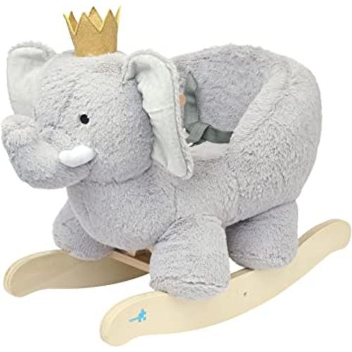 Manhattan Toy Plush Elephant Wooden Rocking Toy with Crown, Adjustable Seat Belt and Wooden Hand Grips Large