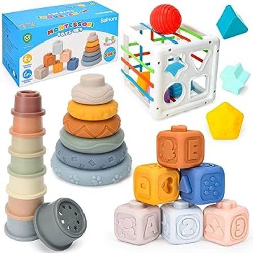 Balnore 5 in 1 Baby Toys 6 to 12 Months, Montessori Toys for Babies 6-12 Months, Pull String Teething Toys for Babies, Stacking Blocks & Stacking Cups & Sensory Toys for Toddlers 0-3-6-9-12-24 Months