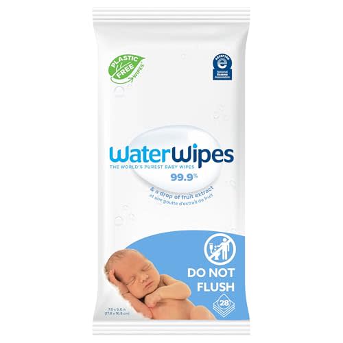 WaterWipes Plastic-Free Original Baby Wipes, 99.9% Water Based Wipes, Unscented & Hypoallergenic for Sensitive Skin, 28 Count (Pack of 1), Packaging May Vary