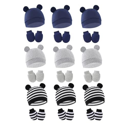 18 Pieces Baby Hat Mitten Sock Sets,Baby Hats Mittens and Socks Unisex Infant Beanie Caps