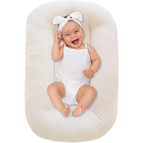 Lucakuins Baby Lounger 0-18 Months, Baby Lounger for Newborn, Soft Organic Cotton Breathable Lounger for Infants (White Baby Lounger)