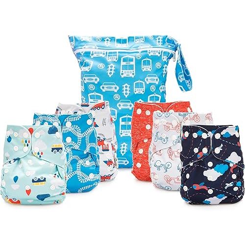 Simple Being Reusable Cloth Diapers, One Size Adjustable, Washable Soft Absorbent, Waterproof Cover, Eco-Friendly Unisex Baby Girl Boy, six 4-Layers Microfiber Inserts (Planes/Trains)