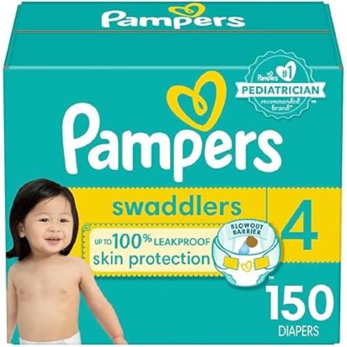 Pampers Swaddlers Diapers, Size 4 (15-34 lbs), 150 Count, Absorbent, Keeps Baby Dry and Comfortable, Skin Safe Disposable Baby Diaper