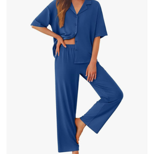 Ekouaer Women Pajamas Set Button Down Sleepwear Short Sleeve Pjs Soft Comfy Nightwear with Long Pants S-XXL