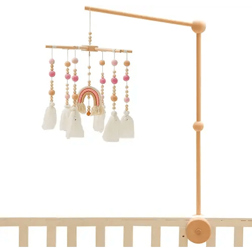 Baby Crib Mobile with Mobile Arm 2In1 Set - Rainbow Crib Mobile,Mobile Crib Hanger,Baby Wooden Mobile Arm for Crib Baby Mobile Holder Bassinet Mobile for Crib Toy Mobile for Baby (Pink)