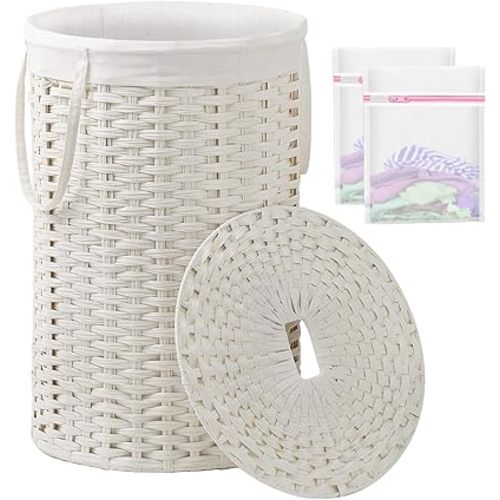 Large Laundry Hamper Laundry Basket Round 34.3 Gal (130 L) Handwoven Wicker Laundry Baskets Rattan Laundry Basket with Laundry Bag Handles 2 Mesh Bags for Living Room Bedroom White