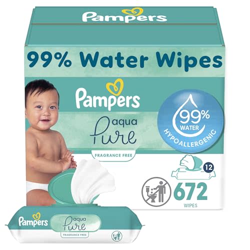 Pampers Baby Wipes Aqua Pure, 99% water-based wipes, Hypoallergenic and Unscented Baby Wipes, 672 Wipes Total (12 Flip-Top Packs)