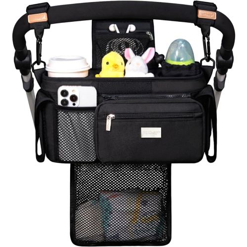 TOPDesign Universal Baby Stroller Organizer, Stroller Caddy with Detachable Mesh Bag & Heightened Insulated Cup Holders & Non-Slip Secure Hooks Accessories, Fits Most Strollers (Black)