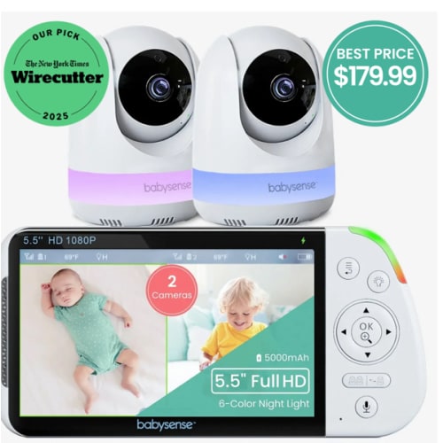 Babysense Max View: Video Baby Monitor with 2 Cameras, Split Screen, Non Wifi, Night Light & Sound Machine