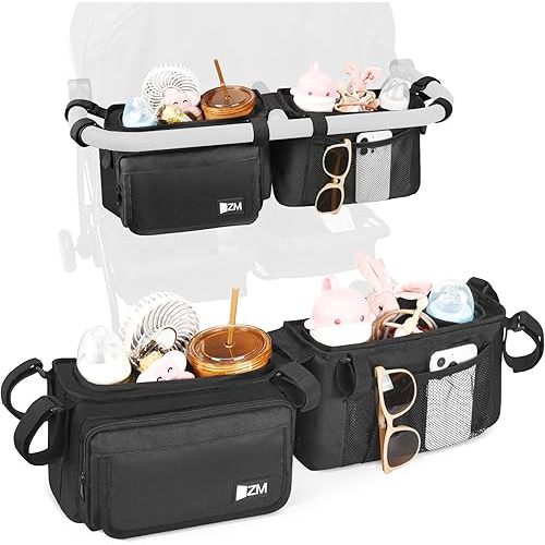 ZZM Double Stroller Organizer with 2 Cooler Pockets,Compatible for Bob Duallie, Jeep and Baby Jogger City Mini GT2, Double Baby Stroller Accessories, Parent Console Double Jogging Stroller Organizer