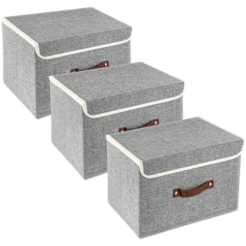 TYEERS Collapsible Storage Boxes, Washable Fabric Storage Bins with Lids, 14.9x9.8x9.8 inches, 3 Pack, Gray