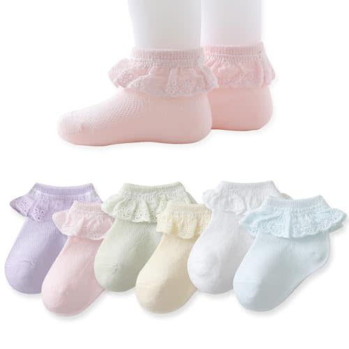 EPEIUS Baby Lace Socks Newborn Girl Eyelet Ruffle Socks Infant Toddler Dress Crew Socks 0-6/6-12/12-24 Months