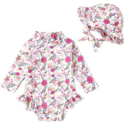 Infant Baby Girl Swimsuit One-Piece Long Sleeve Rash Guard with Hat Set Floral Zipper Bathing Suit Leopard Beach Wear