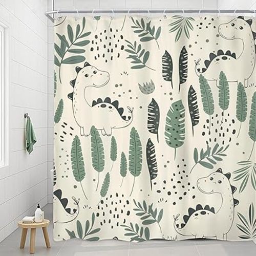Riyidecor Kids Funny Dinosaur Shower Curtain 60Wx72H Inch Cute Dino Cartoon Animals Tropical Leaves Plant Beige Green Toddler Bathroom Decor Fabric Polyester Waterproof 12 Pack Hooks