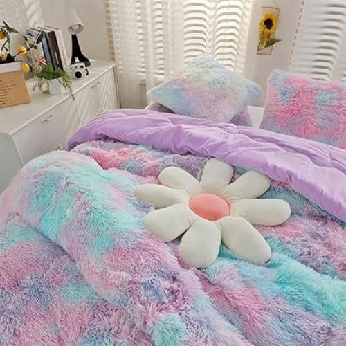 Faux Fur Kids Girls Purple Rainbow Comforter Sets Twin/Full - 3PC Bed Set Warm Comfortable Soft Plush Flannel Velvet Fluffy Fuzzy Bedding(Comforter x 1 Pillowcases x 2)