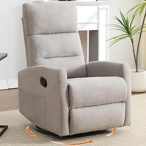 360° Swivel Rocking Chair for Nursery, Manual Glider Chair Nursing Chair with Side Pockets, Polyester Glider for Living Room, Heavy Duty Motion Mechanism, Light Gray