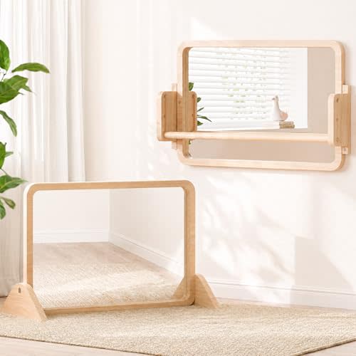 3-in-1 Montessori Mirror with Bar, Adjustable Tummy Time Mirror 6M+ | Toddler Mirror & Pull Up Bar, Montessori Learning Toy for Baby 6-18 Months, Nursery Mirrors, Natural Wood Kids Furniture