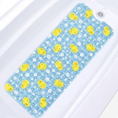 Cute Blue Duck Nursery Baby Bath Mat, Animal Yellow 40 X 16 Inch Extra Long Bathtub Mat Non Slip, Shower Mat for Tub Anti Slip with Suction Cups and Drain Holes for Kid Toddler Baby