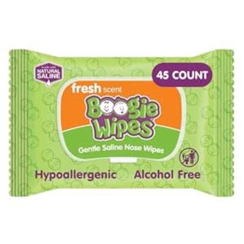 Boogie Wipes - Saline Nose Wipes Fresh Scent - 45 Count | Hypoallergenic & Alcohol-Free, Allergy Relief, Made with Natural Saline, Aloe, Chamomile & Vitamin E, Diaper Bag Essential