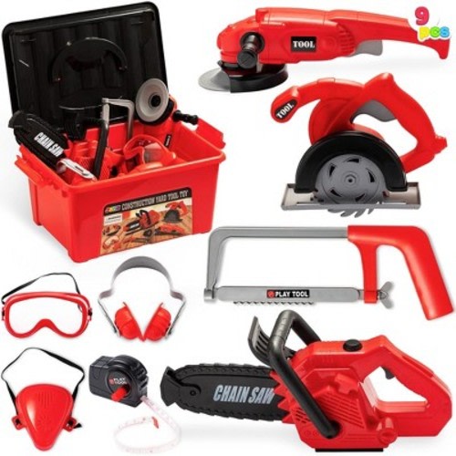 9Pcs Kids Tool Set, Pretend Play Toddler Tool Toys Construction Worker Box & Drill Chainsaw Toy for Boy Girl Birthday Dress Up Party Favors