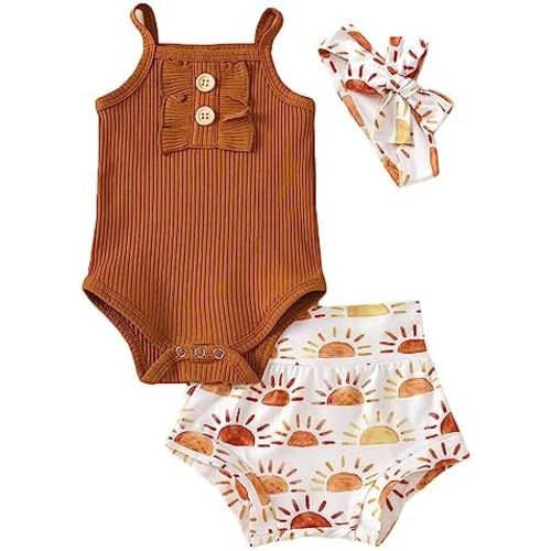 Easisim 3pcs Newborn Baby Girls Shorts Sets Cotton Sleeveless Romper Jumpsuit Bodysuit + Shorts + Headband Outfit Set
