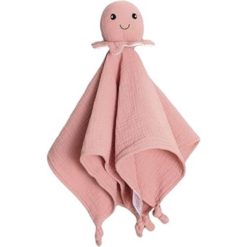 Organic Cotton Muslin Loveys for Babies,Security Blankets for Baby Lovey,Unisex Baby Essentials Neutral,Baby Registry Search,Newborn Baby Gifts for Boys and Girls (Octopus Pink)
