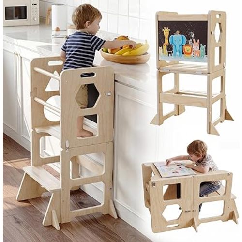 4-in-1 Toddler Kitchen Step Stool,Montessori Foldable Learning Standing Tower with Blackboard, Anti-tip Structure Design,Wooden Kitchen Step Helper Stool for 1-3 Year Old Boy Girl