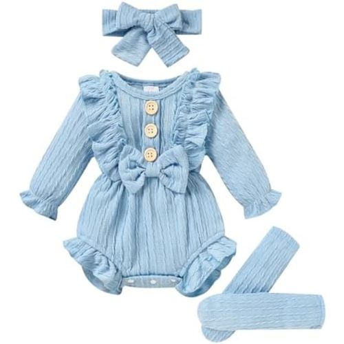 GRNSHTS Newborn Baby Girl Clothes Ruffle Solid Sweater Long Sleeve Romper+Hairband+Socks 3Pcs Fall Winter Outfits