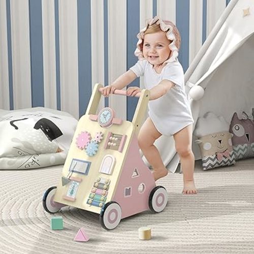 TaoHFE Wooden Walker for Babies,Pink Baby Walkers for Girls to Help Babies Grow, Multi-Functional Babys Cart Baby Girl Walkers 6-12 Months, Baby Girl Walker for 6 Months to 3 Years Old, Pink