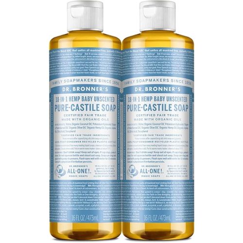 Dr. Bronner's - Pure-Castile Liquid Soap (Baby Unscented, 16 ounce, 2-Pack) - Made with Organic Oils, 18-in-1 Uses: Face, Hair, Laundry and Dishes, For Sensitive Skin and Babies, No Added Fragrance