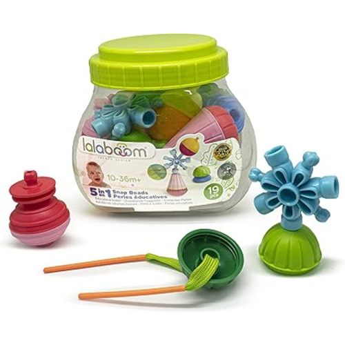 Lalaboom Bucket Set - 19 Piece Educational Baby Toddler Beads and Accessories – Educational Montessori Shape and Color STEM Construction Toy 10 Months to 3 Years - BL210, Multicolor