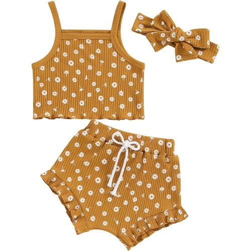 Infant Baby Girl Clothes Sleeveless Ribbed Floral Print Tank Tops Ruffle Bloomer Shorts Newborn Summer Outfits Set