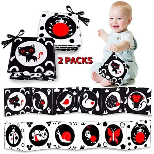 Baby Toys 0-6 Months - Montessori Sensory Toys for Babies 0 3-6 9 Months - 2 Packs Black and White High Contrast Soft Book for Early Learning - Tummy Time Infant Newborn Toys Boys Girls Baby Gifts