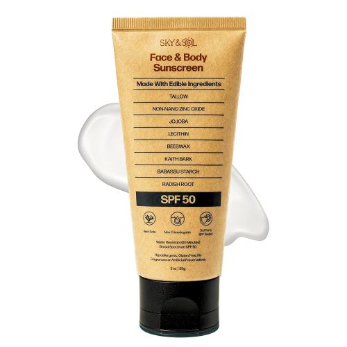 Non-Toxic Natural Mineral Sunscreen SPF 50 | Safest Organic Natural Tallow & Zinc Oxide Sunblock | Reef Safe, Clean Non-Greasy Formula for Face and Body | Women and Men. 3 oz (85 g)