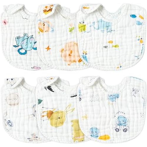 Zainpe 6Pcs Snap Muslin Cotton Baby Bibs Elephant Whale Rabbit Pattern Feeding Bib Adjustable Machine Washable Unisex Burp Cloths with 6 Absorbent & Soft Layers for Boys Girls Drooling Teething Eating