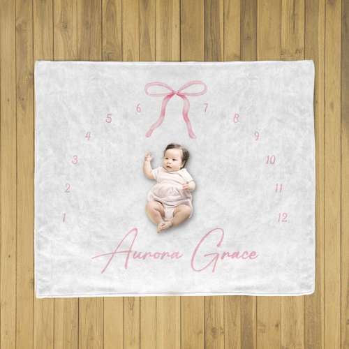 Baby Girl Milestone Blanket Pink Customized with name, cute bow Custom Month Tracker, monthly growth blanket Photo Prop, Baby Shower Gift