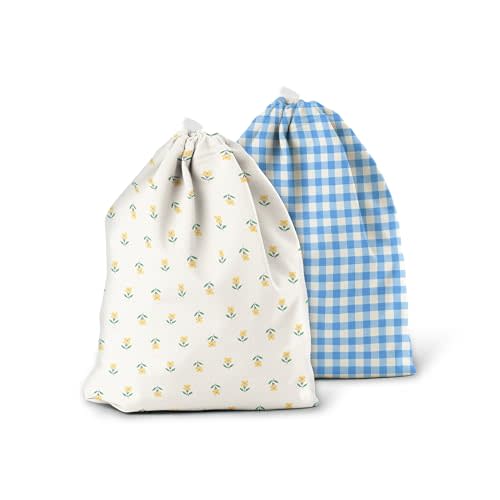 Esembly Ditty Bag Duo - Reusable Waterproof Wet Bags for Cloth Diapers, Swimsuits, Toiletries, and Snacks, Set of 2 - Buds + Gingham