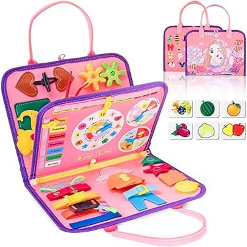 iooo Toddler Busy Board Montessori Toys for 1 2 3 4 Year Old, Sensory Board with Buckles Educational Activities for Learning Fine Motor Skills, Gifts Toy for Girls Boys for Airplane Car (Pink-3)
