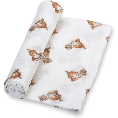 LollyBanks Baby Swaddle Blanket, 100% Muslin Cotton Baby Blanket for Boys and Girls, 47 x 47 Inches Soft and Breathable Swaddles for Newborns, Lightweight Newborn Blanket, Registry (Tiger Cub Print)