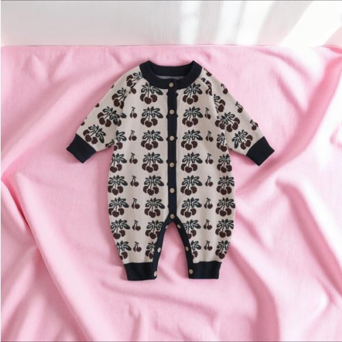 Cozy Cotton Knit Baby Rompers – Cherry, Moon, Palm & Mushroom Print Button-Down Jumpsuits