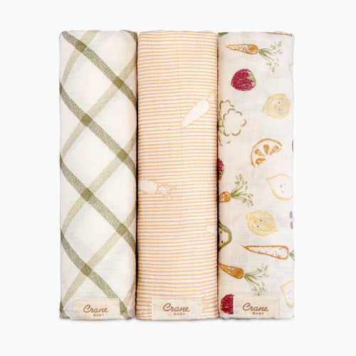 Crane Baby Cotton Muslin Swaddles (3 Pack) - Clementine Fruits & Veggies