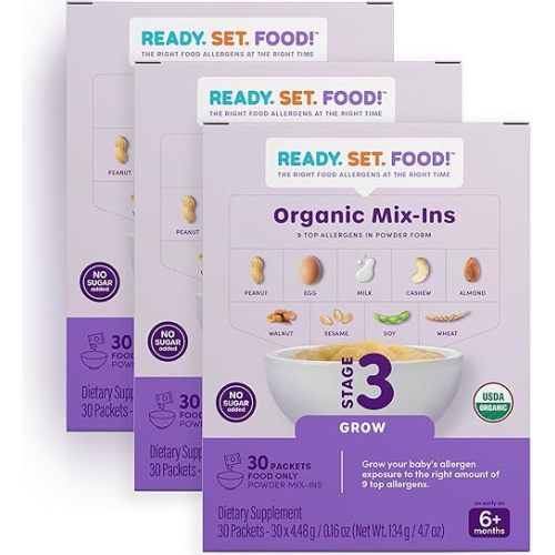 Stage 3 Mix-ins (90 Days) – Safe & Easy Early Allergen Introduction for Babies 6+ Months, Mix with Baby Food, With 9 Top Allergens: Organic Peanuts, Egg, Milk, Walnut, Cashew & More By Ready Set Food