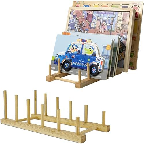 GYSLEOT 2 Pack Wooden Puzzle Rack, Puzzle Storage Organizer, 5-Section Tabletop Book Holder Art Print Plate Display Stand for Craft Show Home Kitchen Cabinet