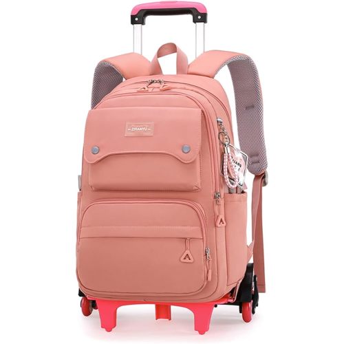 Solid Color Girls Rolling Backpack with Wheels Schoolbag Elementary School Student Trolley Daypack
