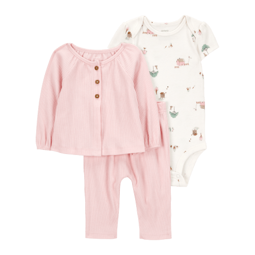 Baby 3-Piece Barn Print Little Cardigan Set - Pink/White